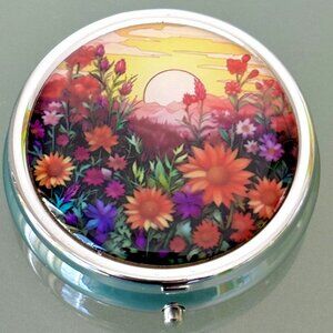 Sunrise Wildflower Meadow Floral Flowers 3 Compartment Purse Medicine Pill Box